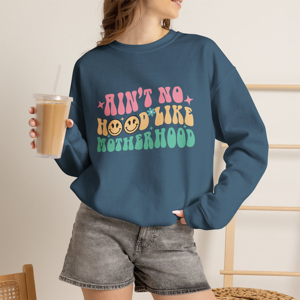 Motherhood Crewneck Sweatshirt – “Ain’t No Hood Like Motherhood” Retro Smiley Design