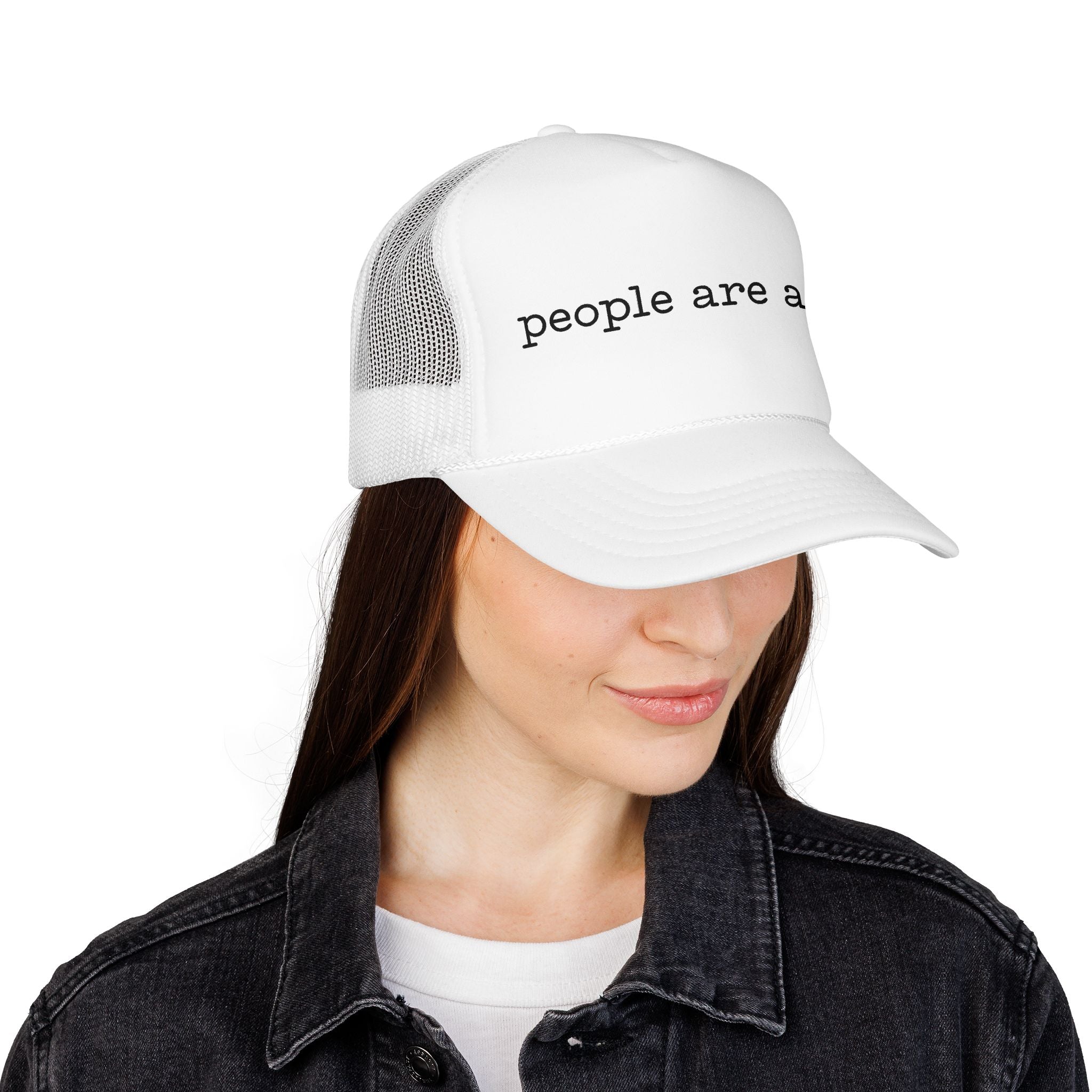 People Are a Lot Foam Trucker Hat — Wry Minimalist Mesh Cap