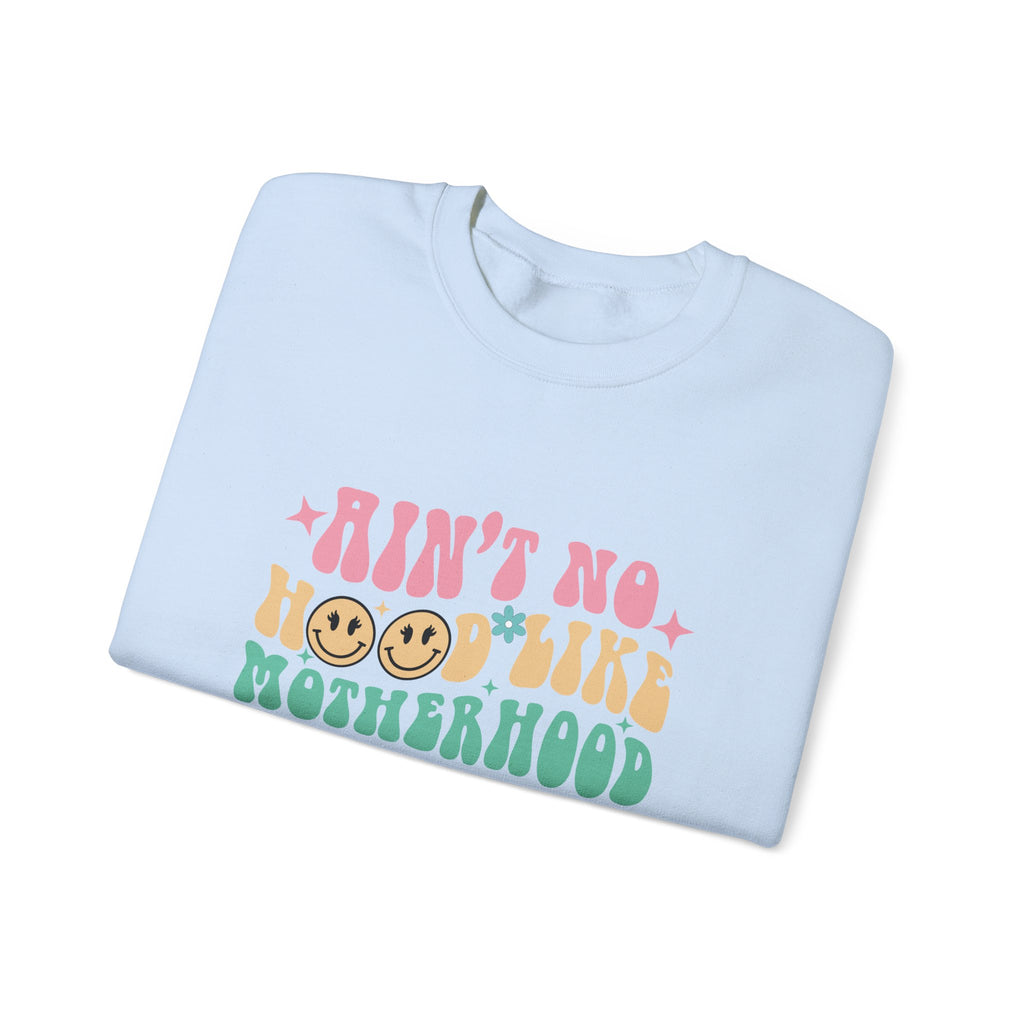 Motherhood Crewneck Sweatshirt – “Ain’t No Hood Like Motherhood” Retro Smiley Design