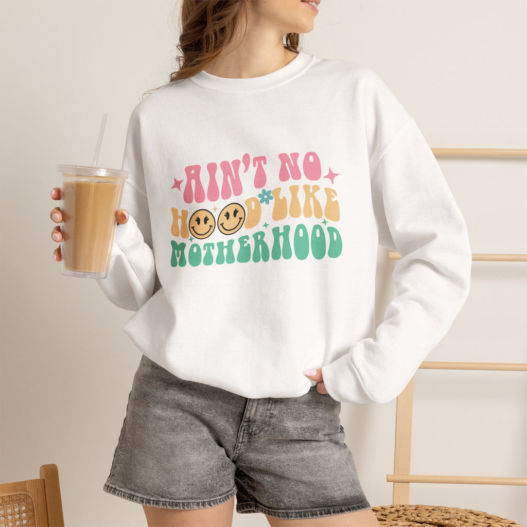 Motherhood Crewneck Sweatshirt – “Ain’t No Hood Like Motherhood” Retro Smiley Design