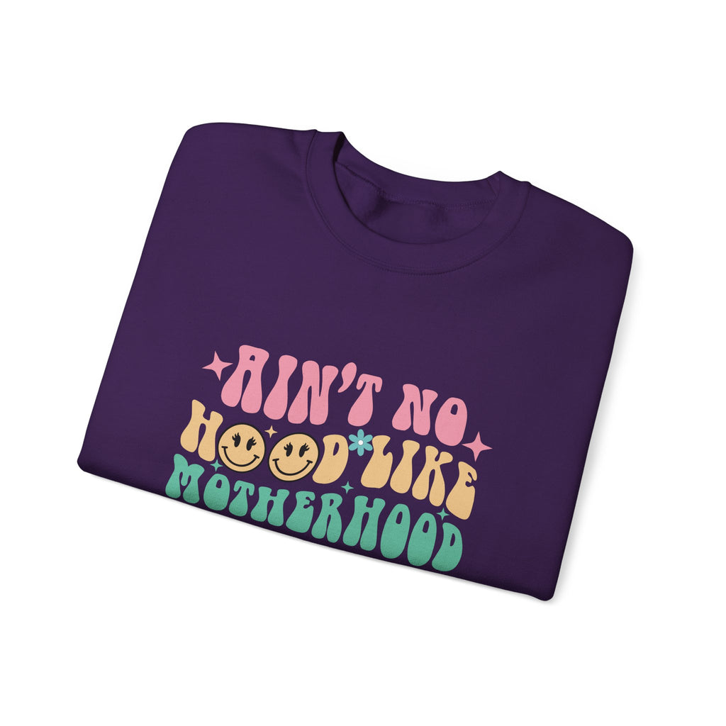Motherhood Crewneck Sweatshirt – “Ain’t No Hood Like Motherhood” Retro Smiley Design