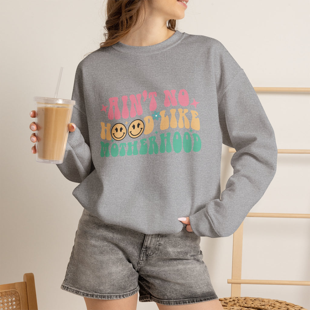 Motherhood Crewneck Sweatshirt – “Ain’t No Hood Like Motherhood” Retro Smiley Design