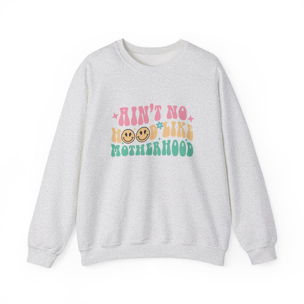 Motherhood Crewneck Sweatshirt – “Ain’t No Hood Like Motherhood” Retro Smiley Design