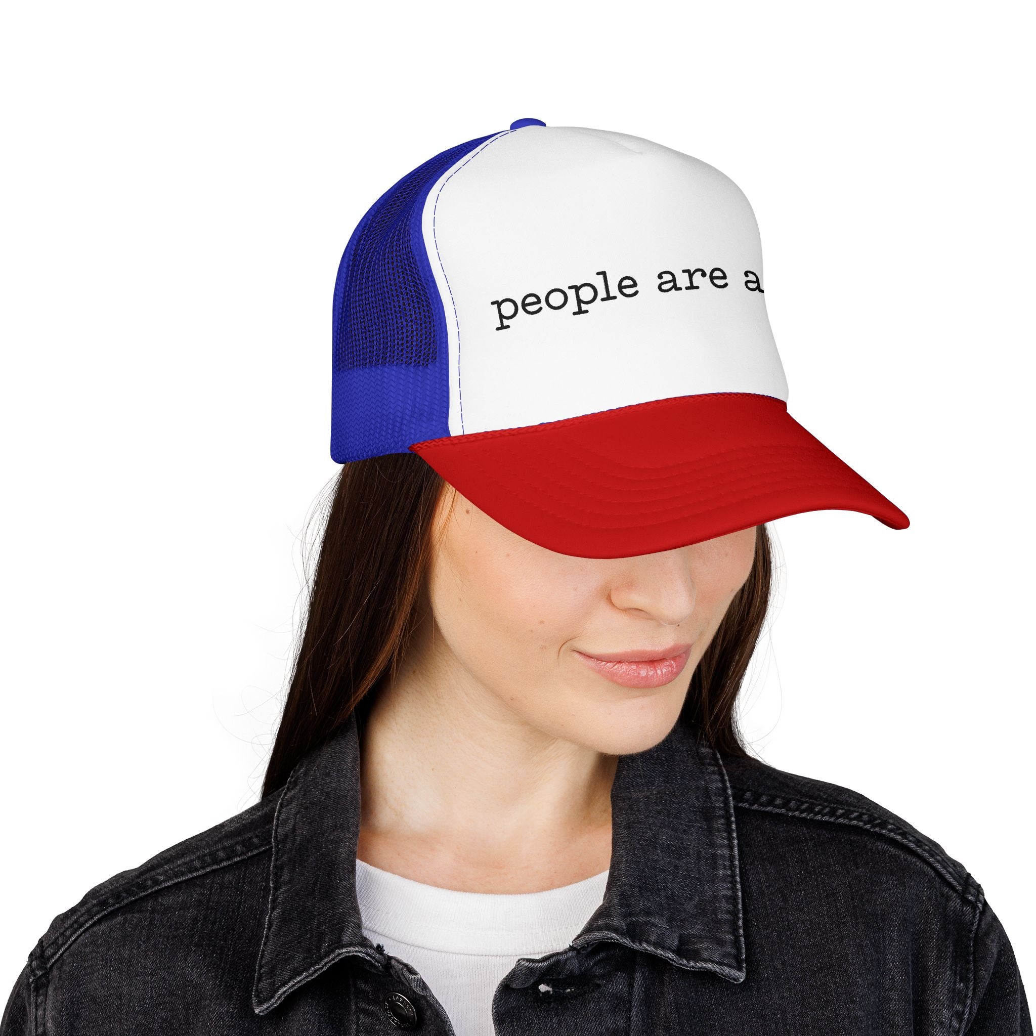 People Are a Lot Foam Trucker Hat — Wry Minimalist Mesh Cap