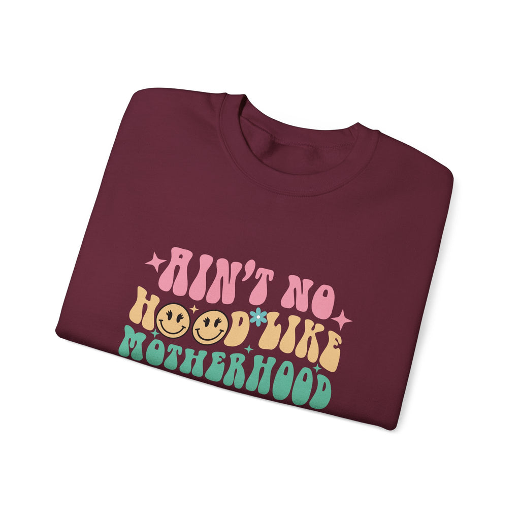 Motherhood Crewneck Sweatshirt – “Ain’t No Hood Like Motherhood” Retro Smiley Design