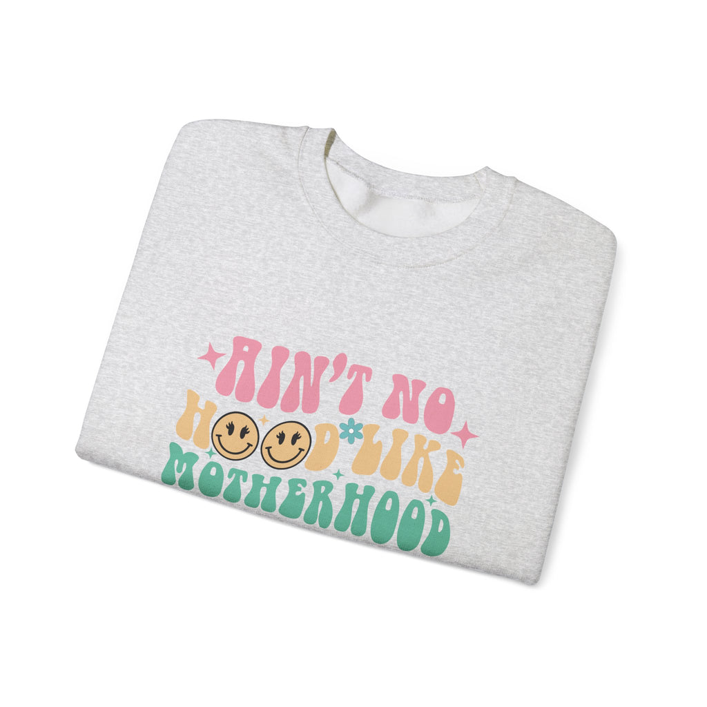 Motherhood Crewneck Sweatshirt – “Ain’t No Hood Like Motherhood” Retro Smiley Design