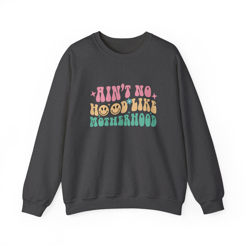 Motherhood Crewneck Sweatshirt – “Ain’t No Hood Like Motherhood” Retro Smiley Design