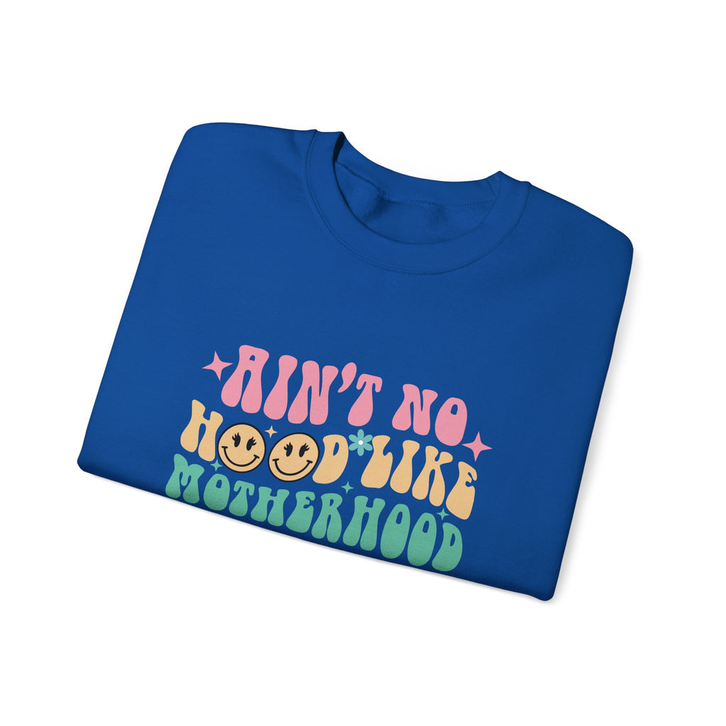 Motherhood Crewneck Sweatshirt – “Ain’t No Hood Like Motherhood” Retro Smiley Design