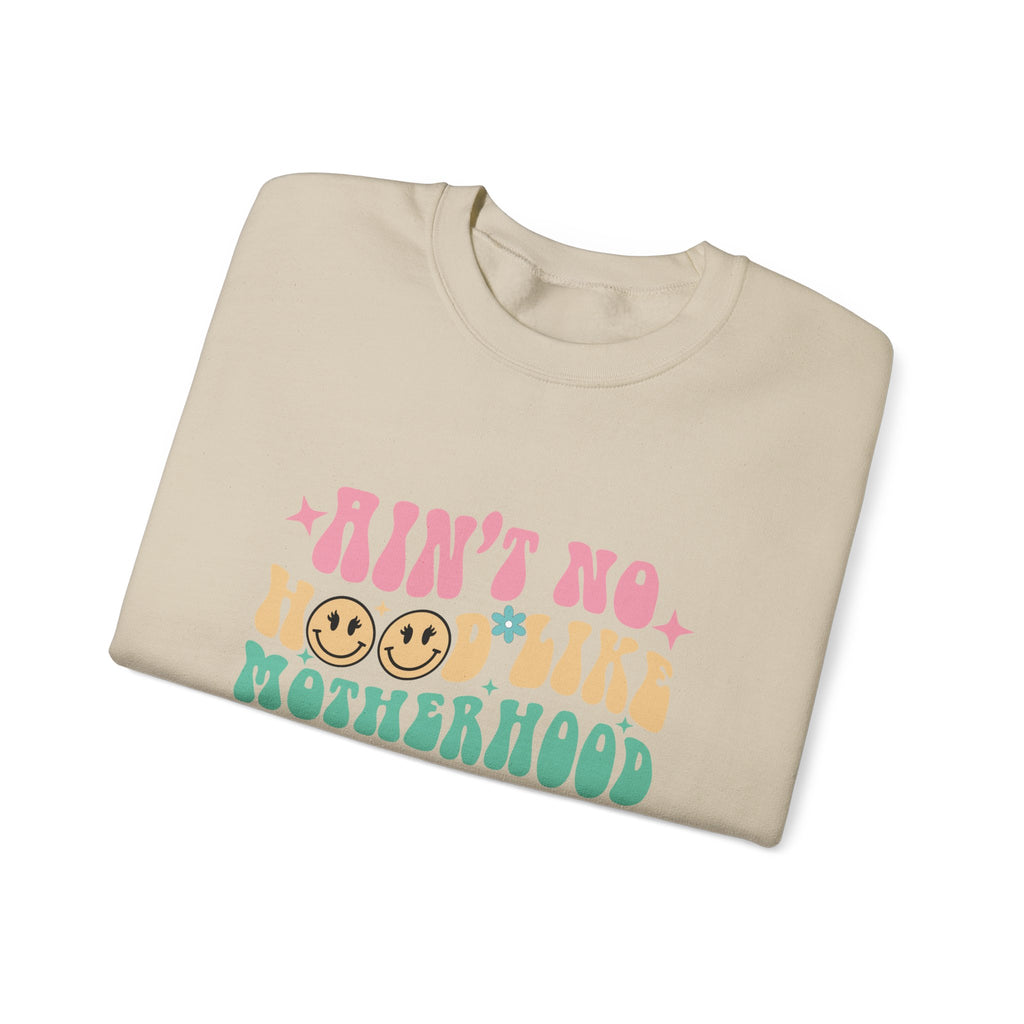 Motherhood Crewneck Sweatshirt – “Ain’t No Hood Like Motherhood” Retro Smiley Design