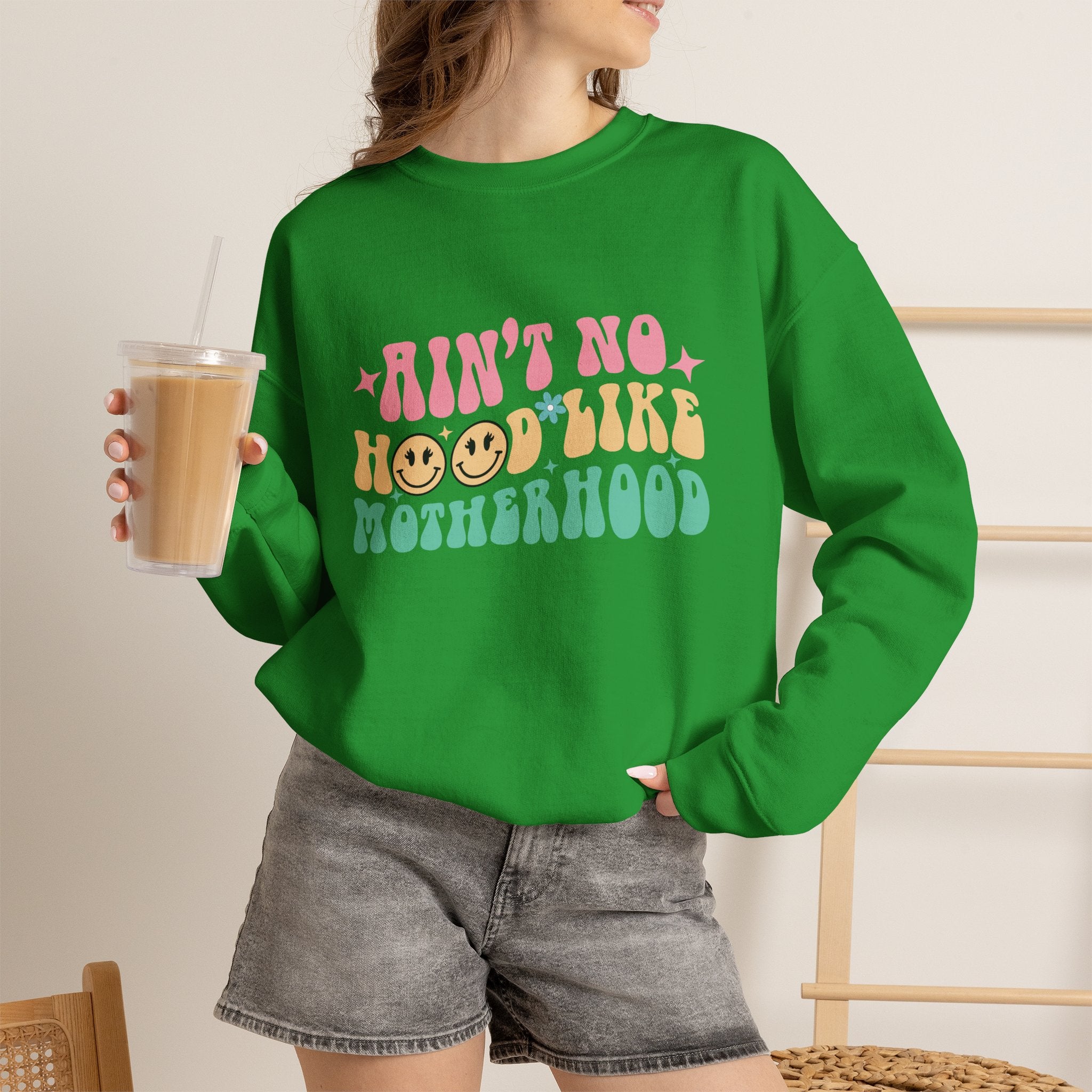 Motherhood Crewneck Sweatshirt – “Ain’t No Hood Like Motherhood” Retro Smiley Design