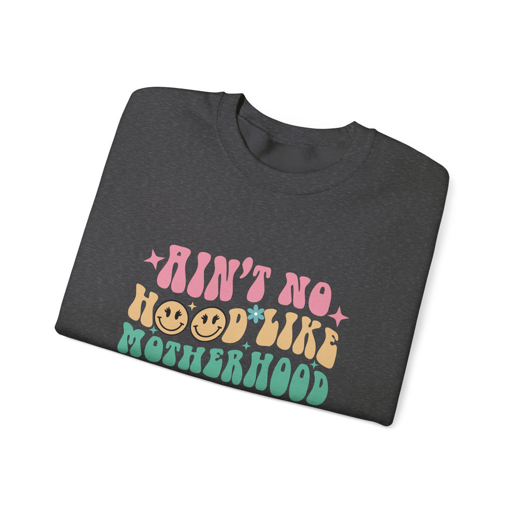 Motherhood Crewneck Sweatshirt – “Ain’t No Hood Like Motherhood” Retro Smiley Design