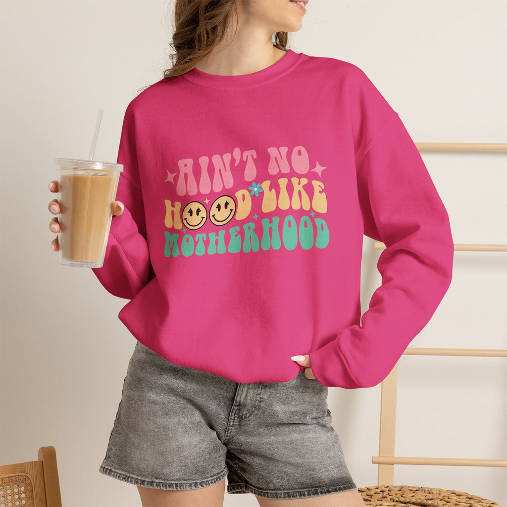 Motherhood Crewneck Sweatshirt – “Ain’t No Hood Like Motherhood” Retro Smiley Design