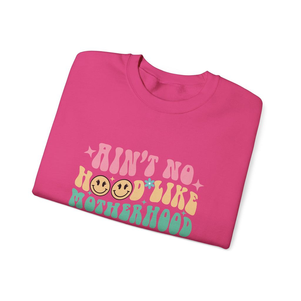 Motherhood Crewneck Sweatshirt – “Ain’t No Hood Like Motherhood” Retro Smiley Design
