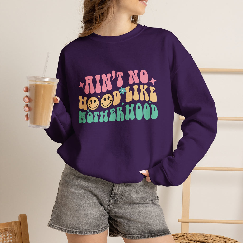 Motherhood Crewneck Sweatshirt – “Ain’t No Hood Like Motherhood” Retro Smiley Design
