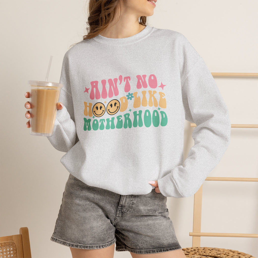 Motherhood Crewneck Sweatshirt – “Ain’t No Hood Like Motherhood” Retro Smiley Design