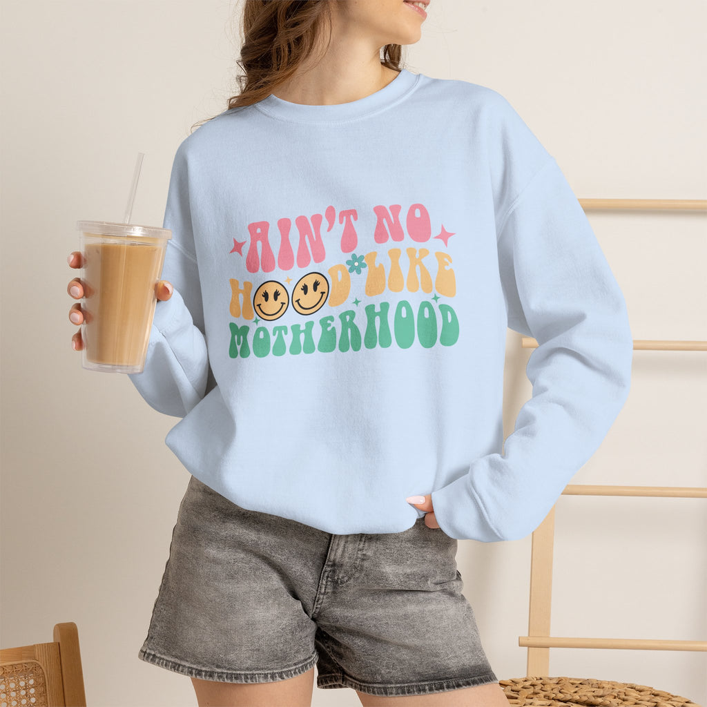 Motherhood Crewneck Sweatshirt – “Ain’t No Hood Like Motherhood” Retro Smiley Design