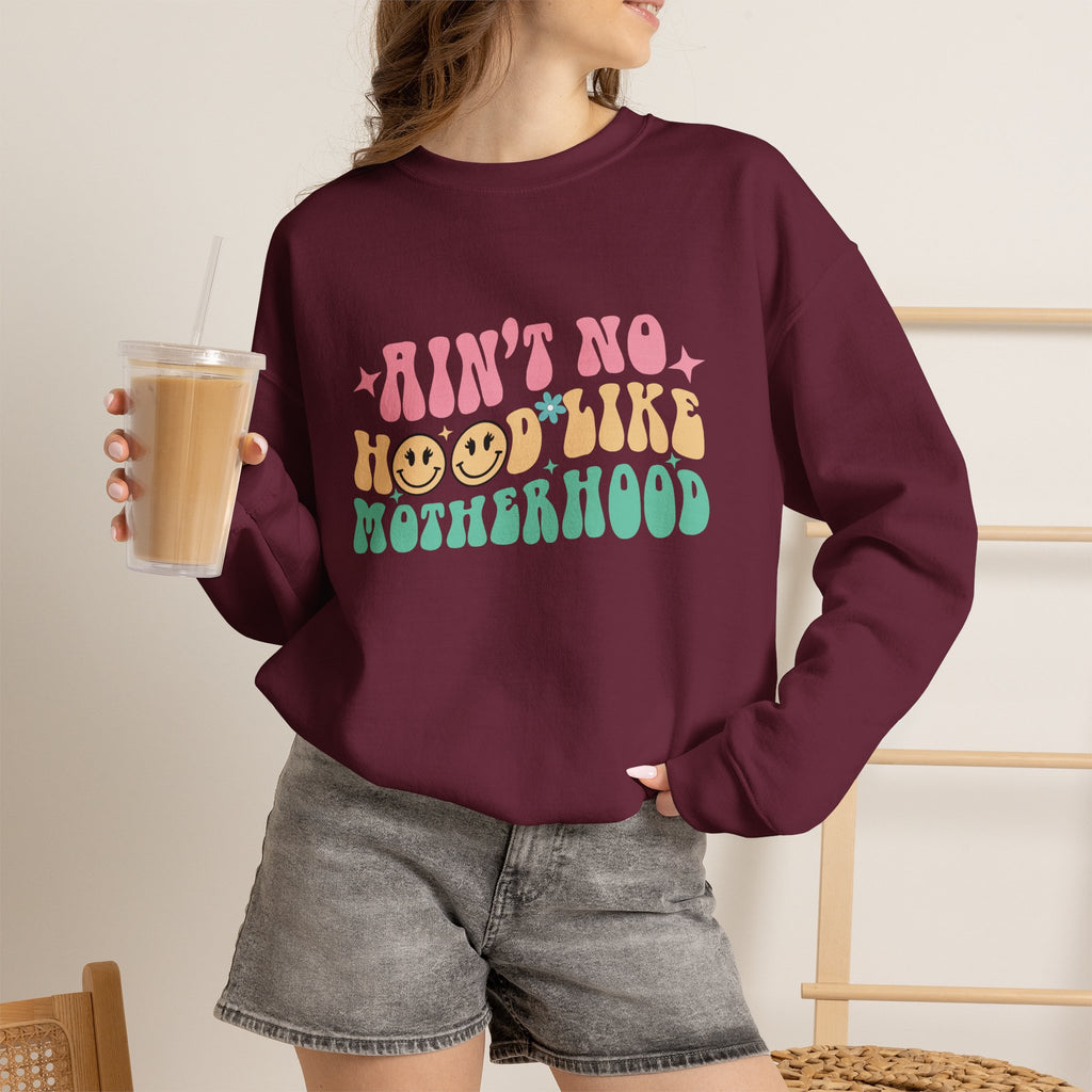 Motherhood Crewneck Sweatshirt – “Ain’t No Hood Like Motherhood” Retro Smiley Design
