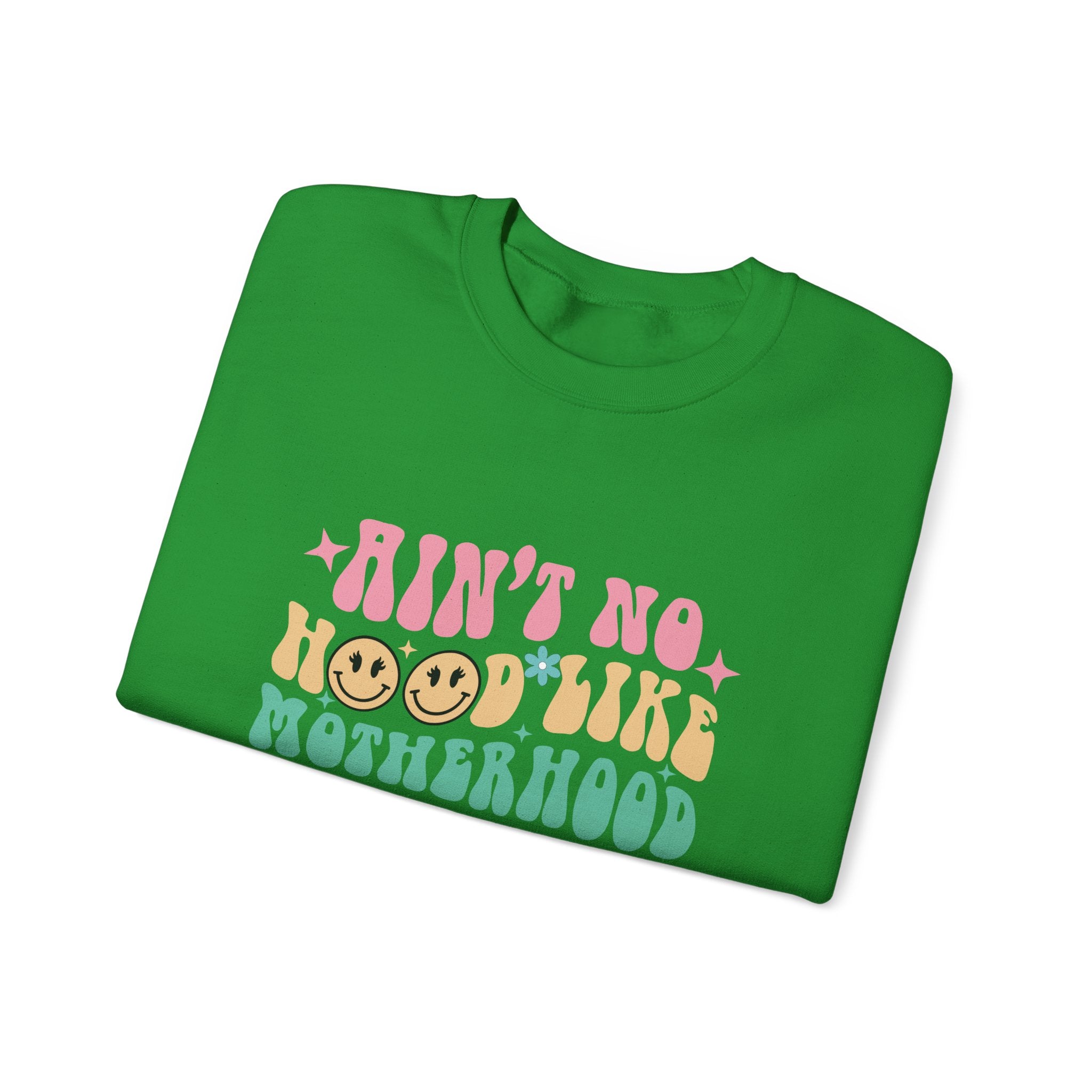 Motherhood Crewneck Sweatshirt – “Ain’t No Hood Like Motherhood” Retro Smiley Design