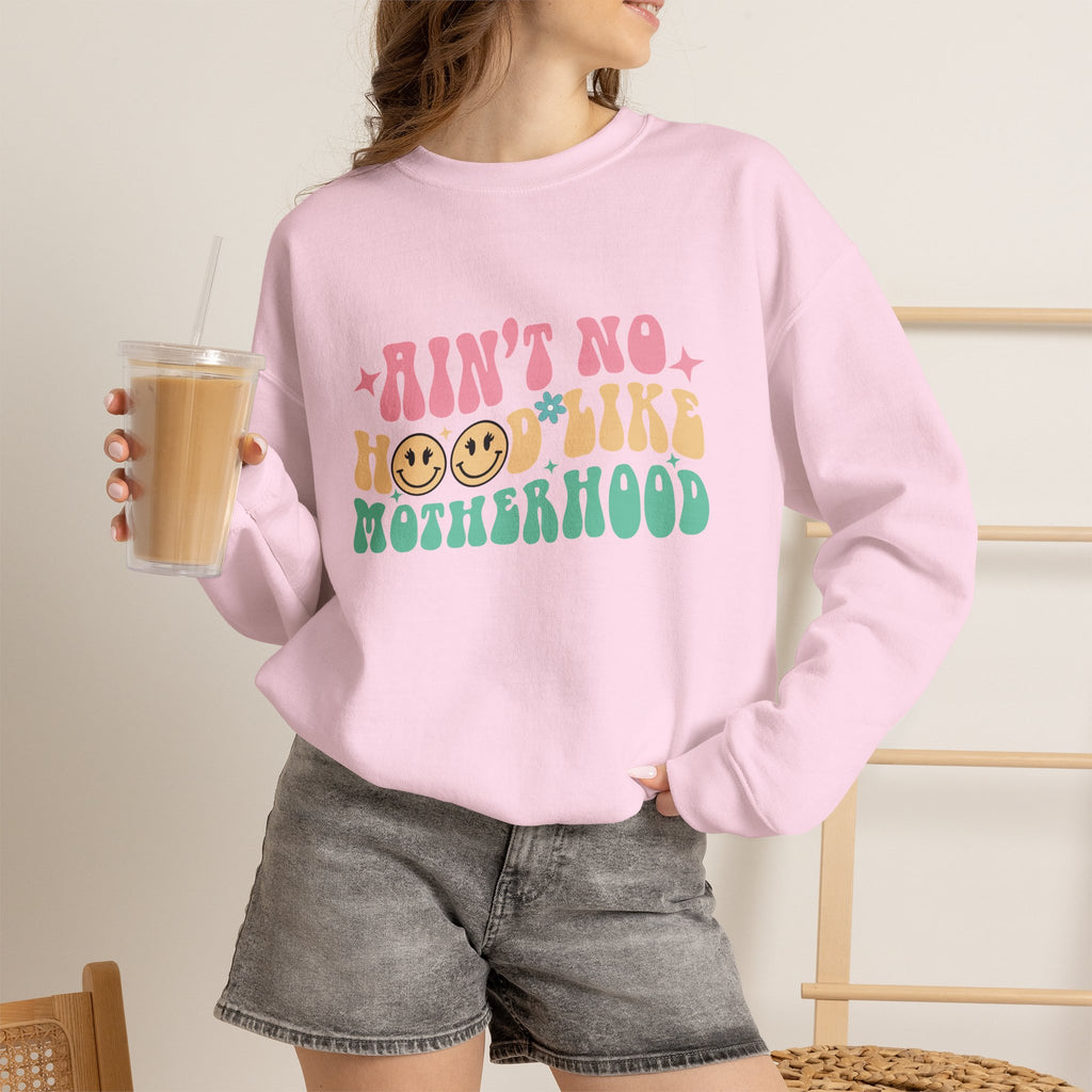 Motherhood Crewneck Sweatshirt – “Ain’t No Hood Like Motherhood” Retro Smiley Design