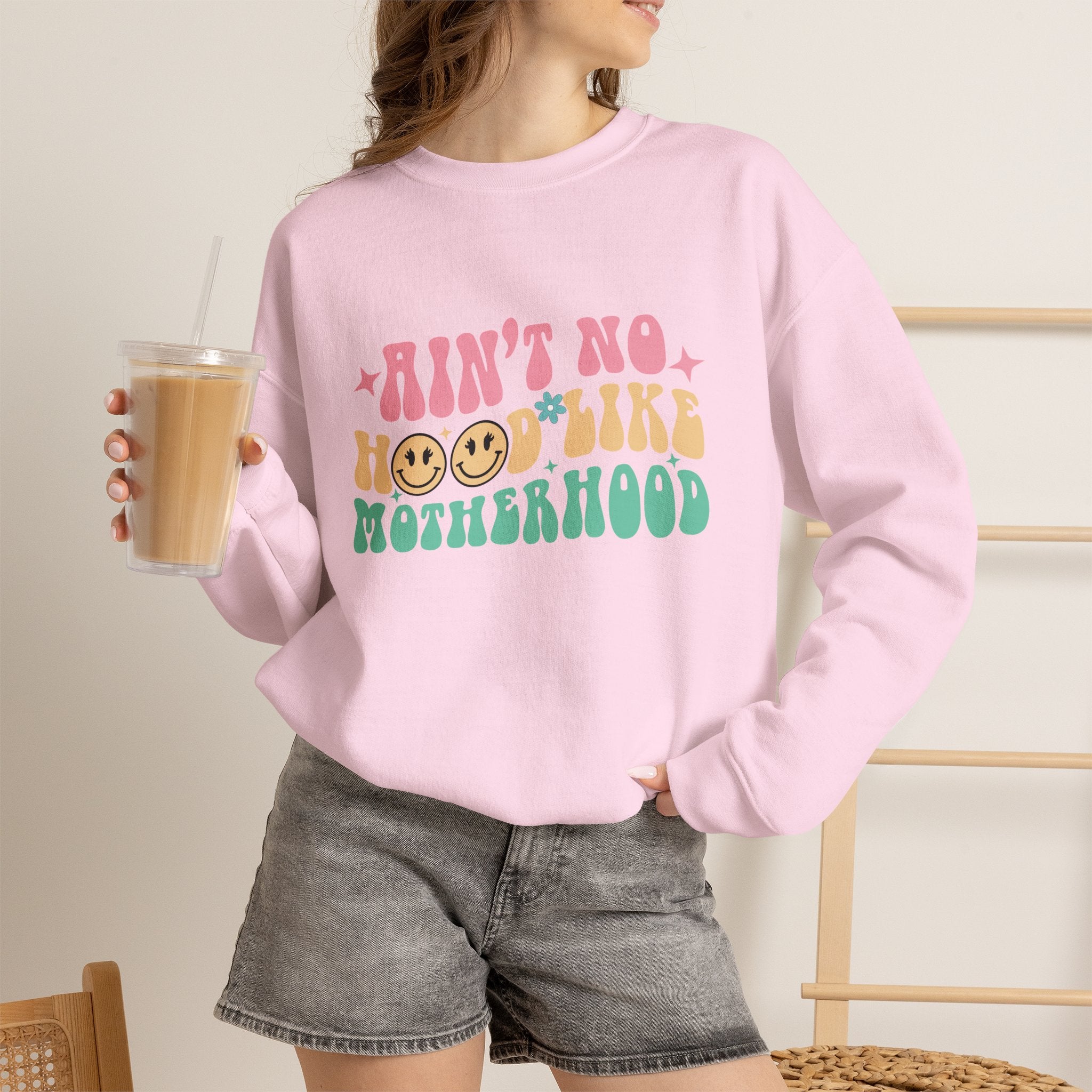 Motherhood Crewneck Sweatshirt – “Ain’t No Hood Like Motherhood” Retro Smiley Design