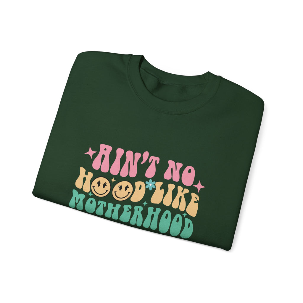Motherhood Crewneck Sweatshirt – “Ain’t No Hood Like Motherhood” Retro Smiley Design