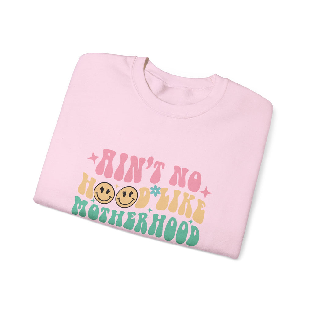 Motherhood Crewneck Sweatshirt – “Ain’t No Hood Like Motherhood” Retro Smiley Design