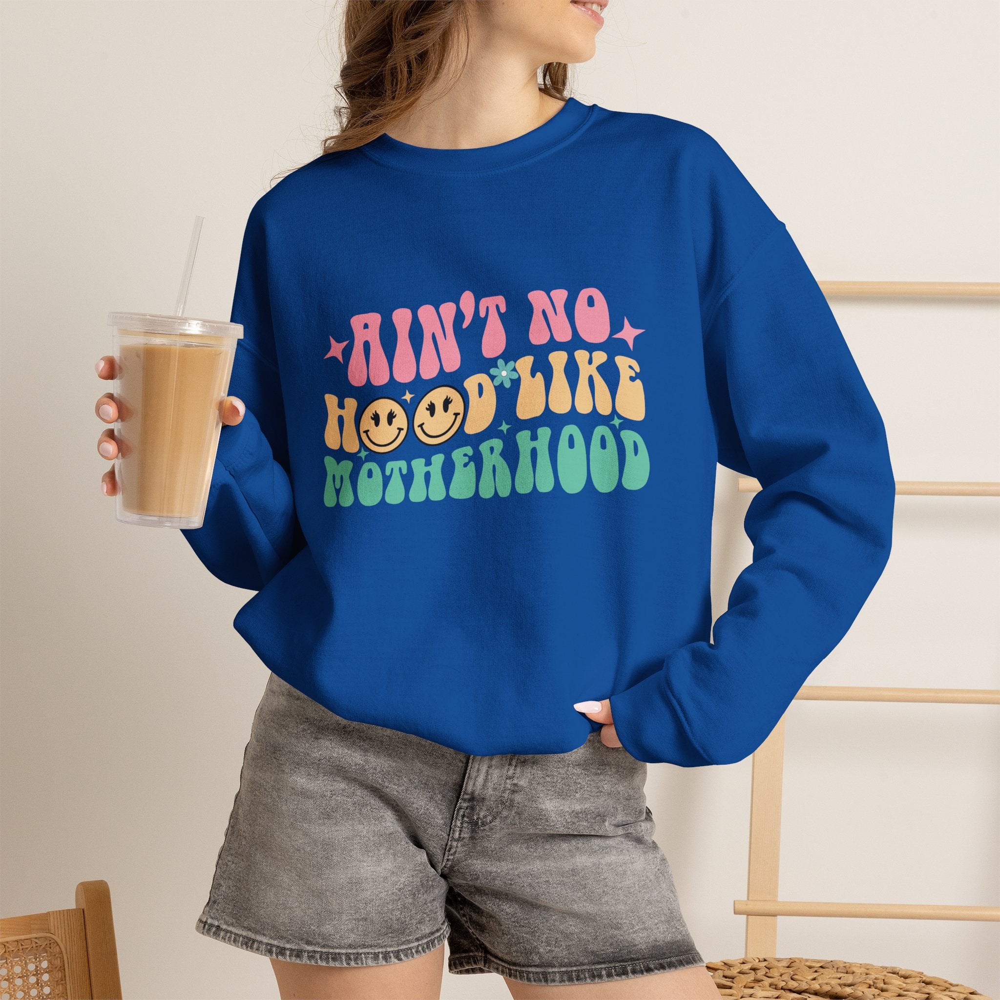 Motherhood Crewneck Sweatshirt – “Ain’t No Hood Like Motherhood” Retro Smiley Design