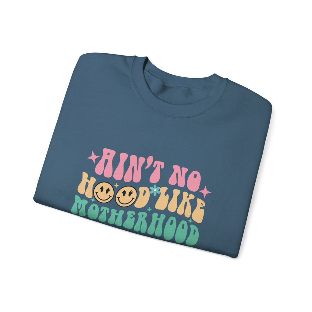 Motherhood Crewneck Sweatshirt – “Ain’t No Hood Like Motherhood” Retro Smiley Design