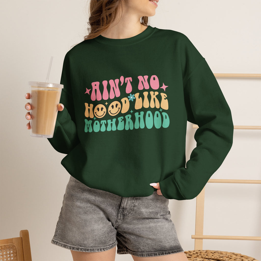 Motherhood Crewneck Sweatshirt – “Ain’t No Hood Like Motherhood” Retro Smiley Design