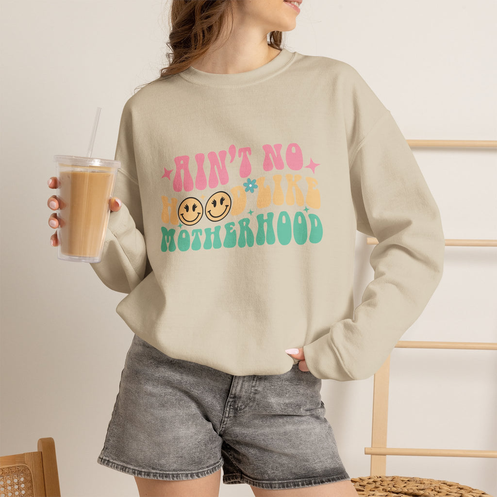 Motherhood Crewneck Sweatshirt – “Ain’t No Hood Like Motherhood” Retro Smiley Design