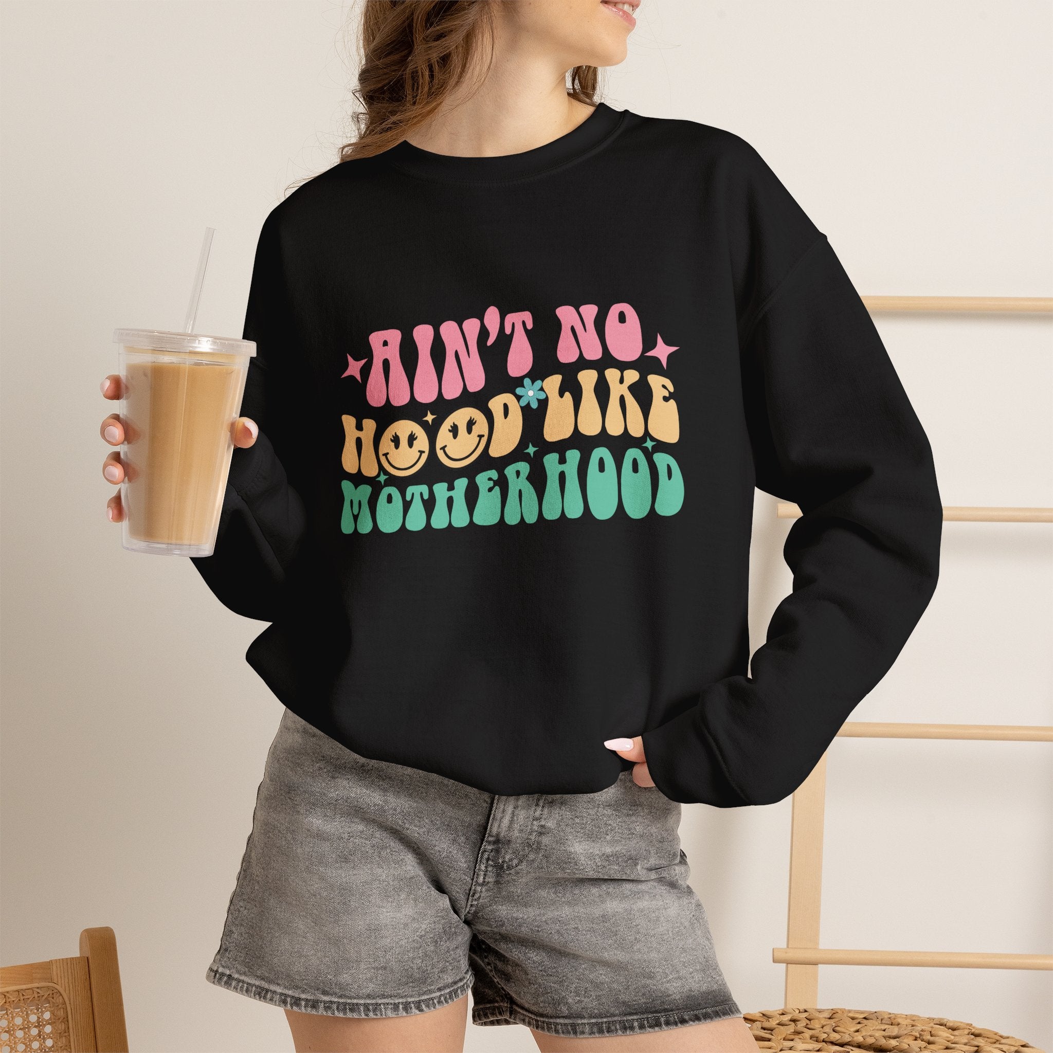 Motherhood Crewneck Sweatshirt – “Ain’t No Hood Like Motherhood” Retro Smiley Design